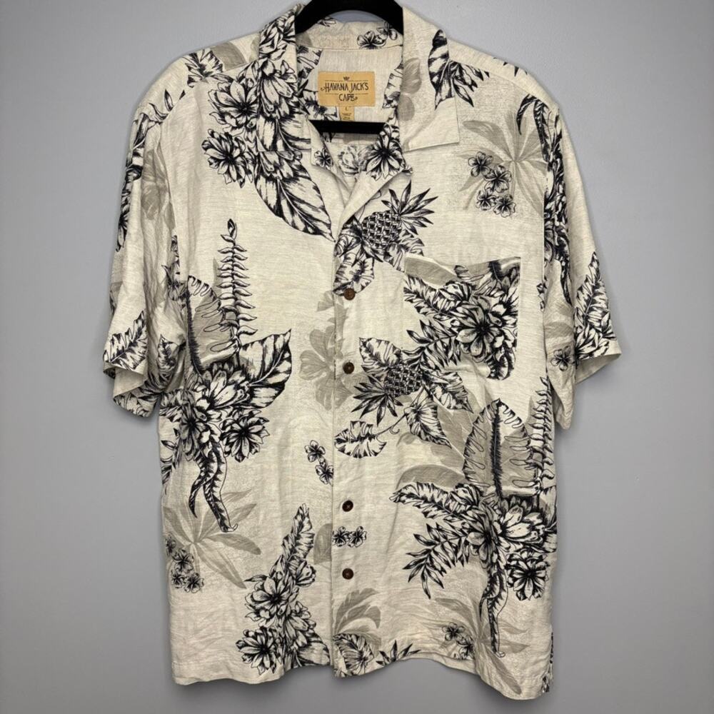 Havana Jack's Cafe 100% Silk Neutral Tropical Hawiian Shirt Mens Sz L‎